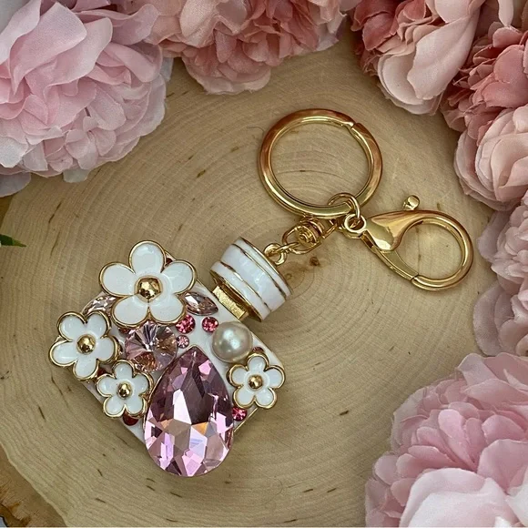 Pink Crystal Flower Perfume Bottle Keychain Charm - Picture 10 of 16